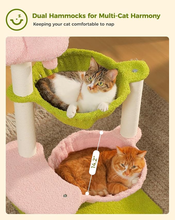 37.4" Flower Cat Tree with 2 Hammocks & 6 Sisal Posts, Pink | Flower top perch, 2 spacious hammocks, 6 sisal posts, Cute small tower, For indoor kittens, Sturdy build