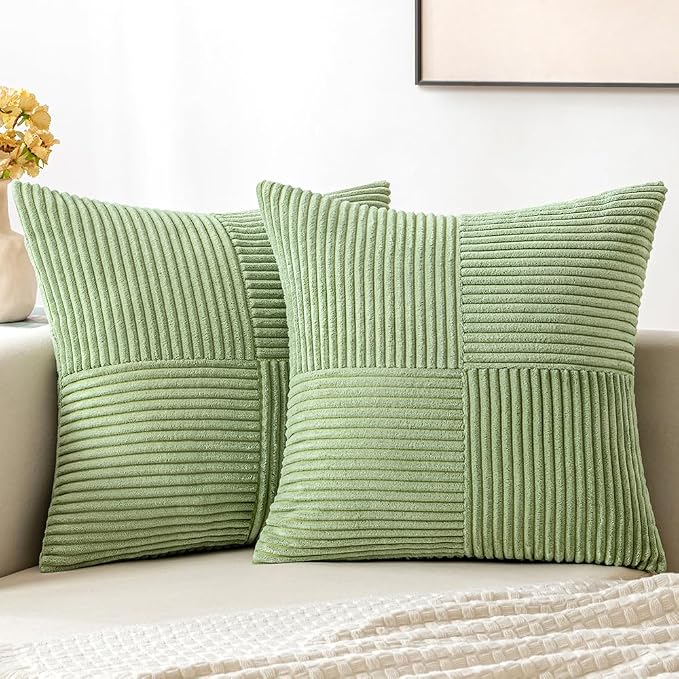 MIULEE Sage Green Decorative Throw Pillow Covers for Couch 18x18 Inch | 2 Pack, Boho Farmhouse Pillow Covers, Soft Cross Corduroy Patchwork Textured Cushion Cases For Bed Sofa