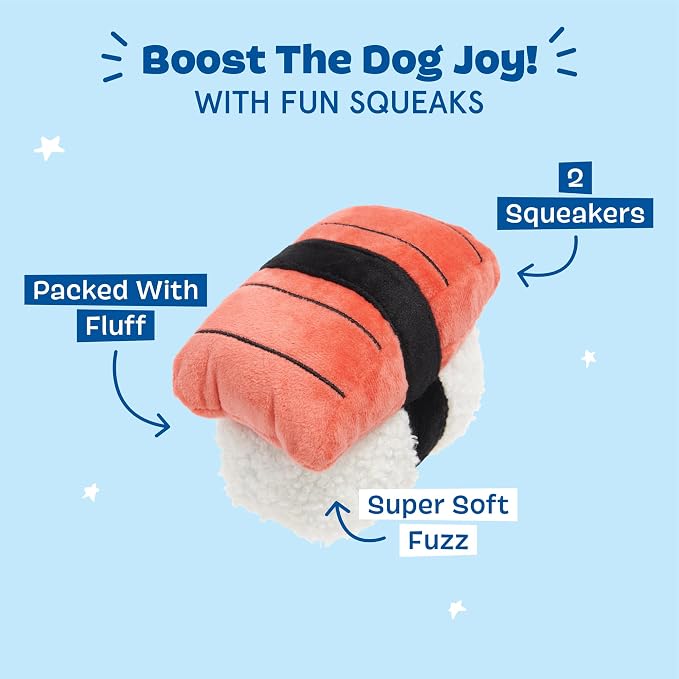 BarkBox Super Tasty Tuna Sushi Dog Toy - for Small to Medium Dogs | Plush Nigiri Toy with 2 Squeakers, Super Soft Fuzz & Fluffy Filling