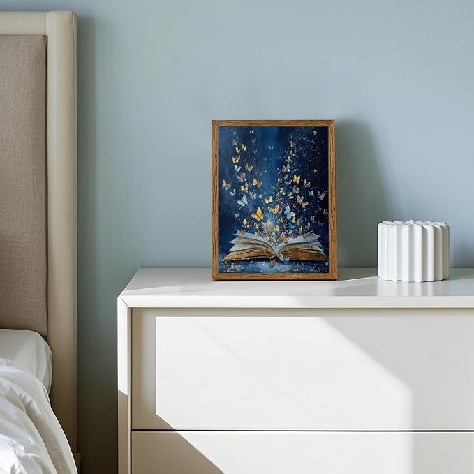 JLTULT Book Wall Art with Butterflies, Solid Wood-Framed Canvas, 8 x 10 in | Blue open-book art with butterflies on fade-resistant canvas and a ready-to-hang solid wood frame for bedrooms and studies