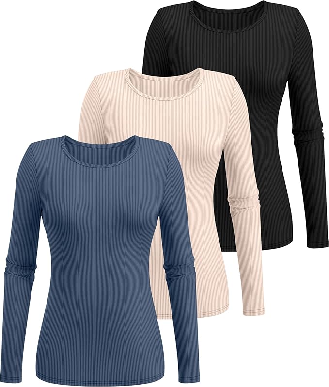 Ficerd 3 Pack Women's Ribbed Long Sleeve Tops, Crew Neck Slim Fit Undershirts Knit Basic Casual Stretch Layering Tee Shirts