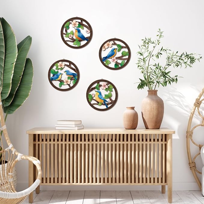 HPNIUB Bird on Birch Tree Branch Wall Decor, Modern Green Leaves Little Birds Laser Cut Artwork, 4 Pieces 10''x10'' Rustic Farmhouse Nature Animals Wall Hanging Plaque for Living Room Bedroom