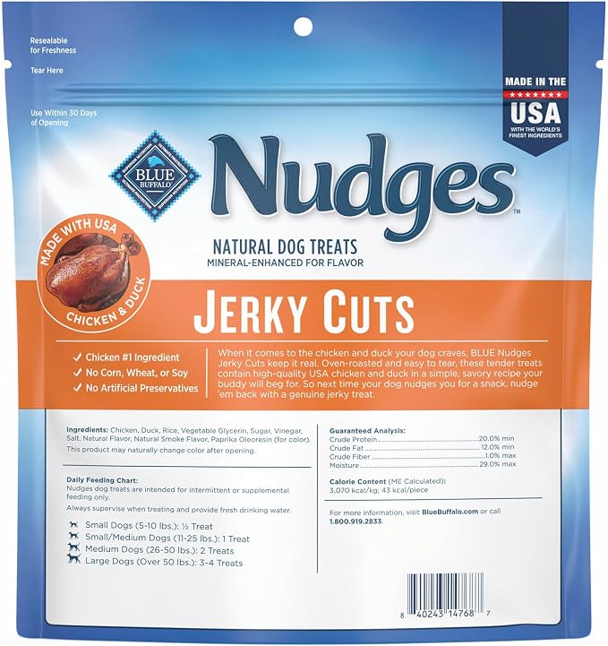 Blue Buffalo Nudges Jerky Cuts Dog Treats, Made in the USA with Natural Ingredients, Chicken & Duck, 16-oz Bag, (Pack of 4)
