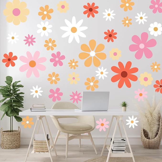 TaoBary 12 Sheet Daisy Wall Sticker Decal,Bright Color,Bright Style | Big Flower Wall Sticker, Pink White Floral Decal, Daisy Bedroom Room Decor, Removable Peel and Stick, Nursery Home Wall Decor