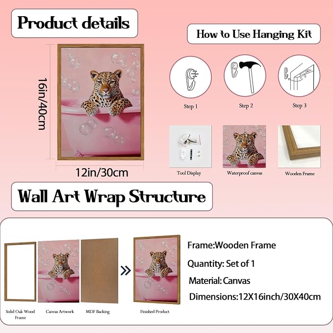 Funny Cheetah Bathroom Wall Art, Pink Leopard in Bathtub Wall Decor Paintings, Cute Animal Bathroom Poster Canvas Prints Maximalist Dopamine Girl Washroom Artwork 12x16 inch Framed