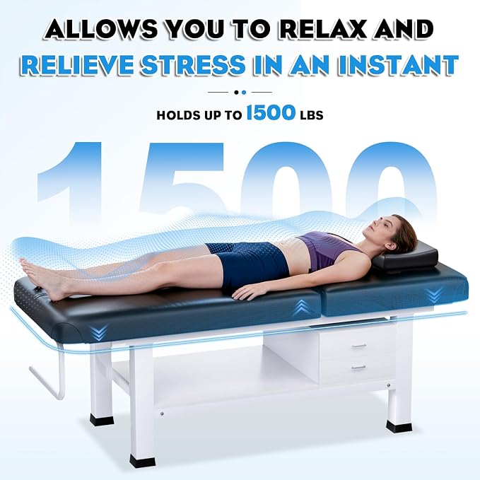 Heavy Duty Frame Professional Massage Table with Adjustable Backrest & Height Legs & Face Pillow, PU Leather, for Treatment,Physical Therapy,Spa Facial Professional Massage (Wood/With Drawers, Black)