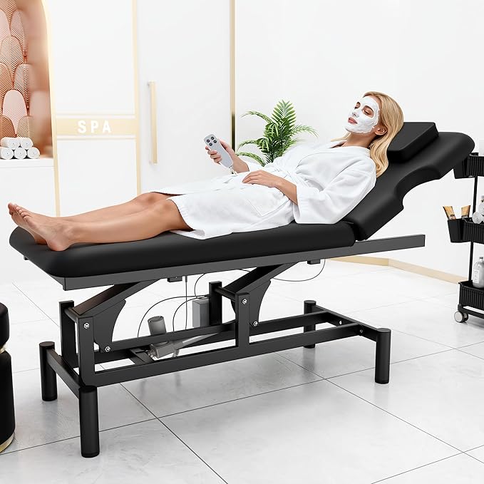Professional Electric Massage Table, 2 Motors Hydraulic Electric Lift Adjustable Backrest and Height Lifting Functions for Treatment/Physical Therapy/Spinal Massage/Facial Spa/Waxing/Tattooing - Black