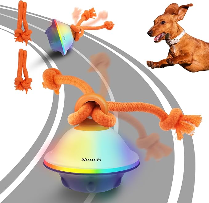 Xeuch Interactive Dog Toys, Automatic Moving and Rolling LED Light Up Dogs Ball with Rope, Motion-Activated Wicked Ball for Small Medium Pup, Stimulation Toy for Boredom Relief