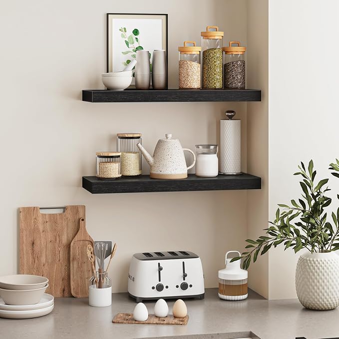 Fixwal Floating Wall Shelves for Decor (Black, Set of 2, 22Inch) | MDF Shelf with Metal Brackets, Space Saving for Books , Decor, Fits Bathroom, Kitchen, Bedroom, or Office