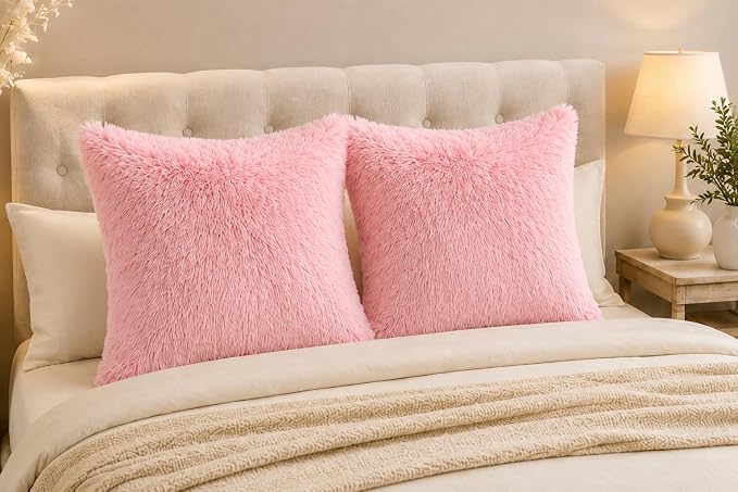 REAFORT Long Hair Faux Fur Euro Sham Cover 26"x26", Hidden Zipper (Pink) | Ultra-soft plush faux fur with a hidden zipper adds luxurious comfort and is machine washable for easy care.
