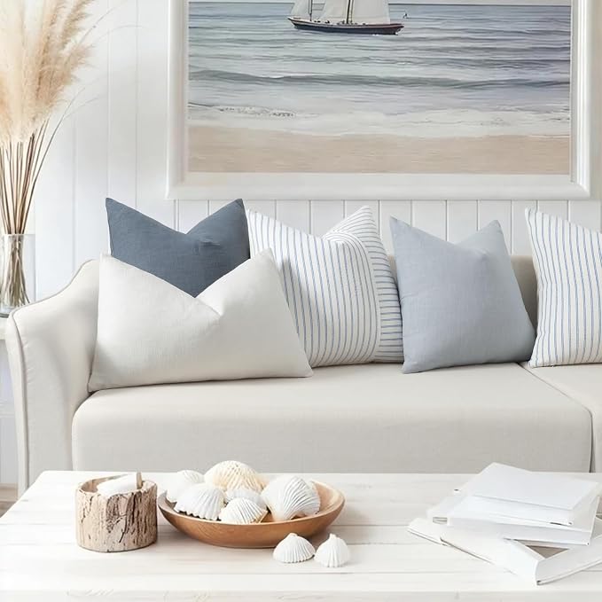YCOLL Farmhouse Euro Sham Pillow Covers 26x26, Modern Throw Pillow Covers Set of 2, Light Blue and Beige Striped Patchwork Linen Decorative Cushion Covers for Bed Sofa Couch Living Room Home Decor