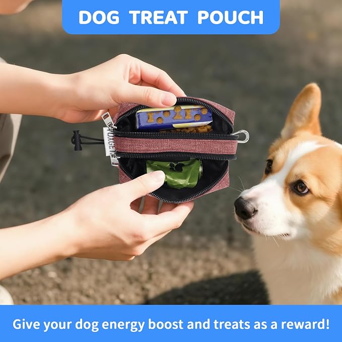 Dog Poop Bag Holder with Treat Pouch, 2 Zipper Pockets & Leash Clip