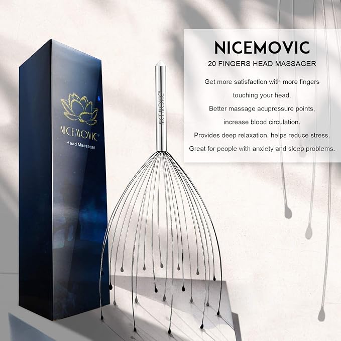 NICEMOVIC 2 Pack Head Scalp Massager, Stocking Stuffers Stress Relief Gifts for Women Men, 20 Fingers Scalp Head Scratcher for Hair Stimulation Body Relaxing (Silver & Silver)