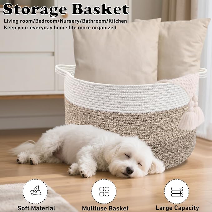 115L Extra Large Blanket Basket,Woven Rope Laundry Basket-Mix Brown | Collapsible Nursery Storage Bin with Sturdy Handles, Organizes Clothes, Toys and Pillows for Living Room, Bedroom, Bathroom