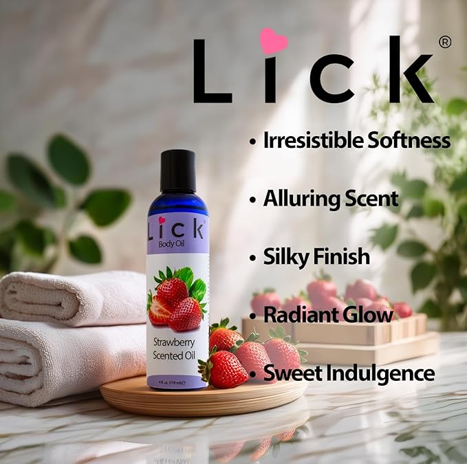 LICK Strawberry Fruit Scented Body Oil – Lightweight Daily Moisturizer with Almond Oil & Vitamin E – 4 oz