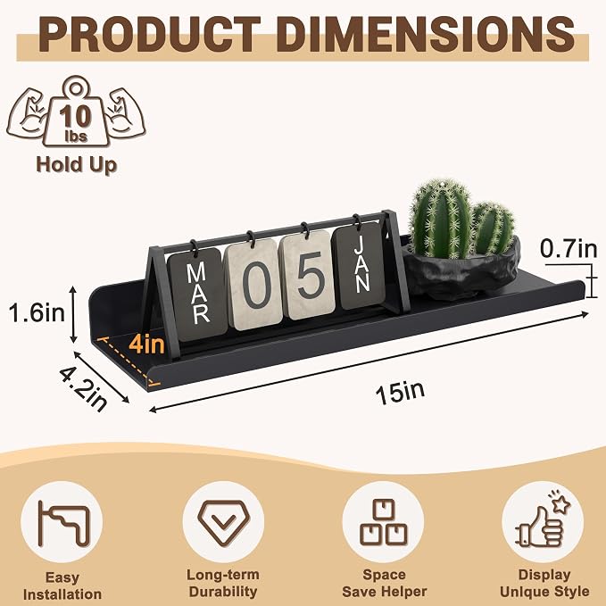 Qukaka Floating Shelves for Wall Decor, 15" Wall Shelves for Bedroom, Living Room, Kitchen, Bathroom Decor, Nail Polish/Book/Decoration/Makeup/Perfume Organizer Floating Shelf-3Pack Black