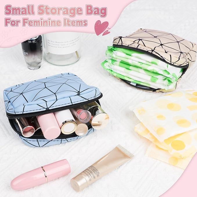 Discreet Period Bag Waterproof Geometric PU Sanitary Napkin Storage Bag Portable Menstrual Pad Pouch Cute Tampon Bag for Purse Small Makeup Bag S-Black
