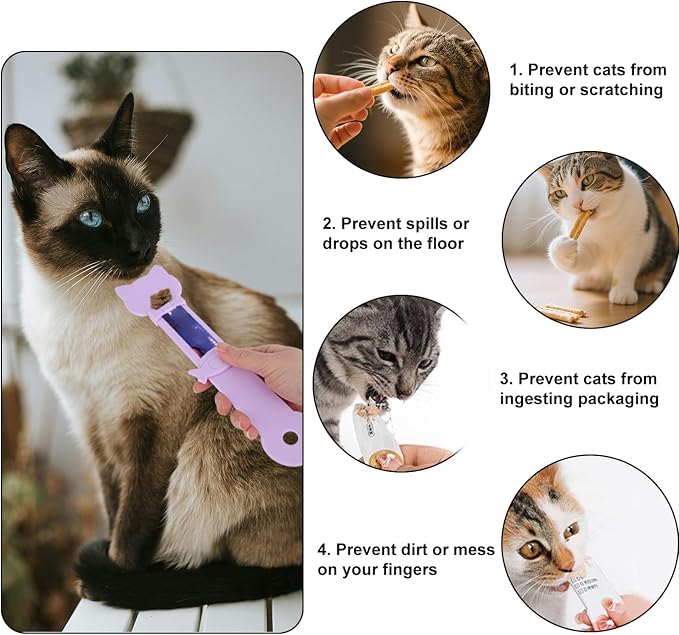 Cat Treats Squeeze Spoon, Cute Multifunctional Cat Strip Feeder Dispenser Lickable Spoon for Wet Food Licky Treats & Liquid Snacks (Purple)
