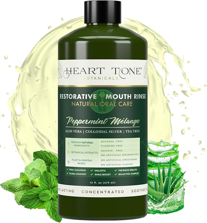 Heart Tone Botanicals Nano Silver Mouthwash | All Natural | Adult Restorative Mouth Rinse | Aloe Vera, Colloidal Silver, & Tea Tree | Complete Oral Care & Fresh Breath | Fluoride, GMO, & Alcohol Free
