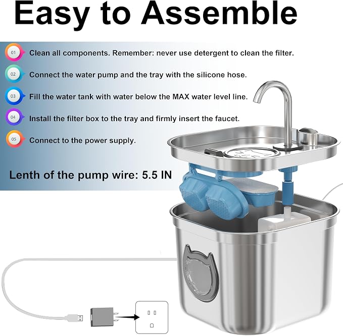 Homtyler Luxury Automatic Cat Water Fountain for Pets, 2.2L/74oz Stainless Steel Dog Water Dispenser with Filter, BPA Free & Silent, Featuring LED Light, Easy Clean & Cat View Window Black