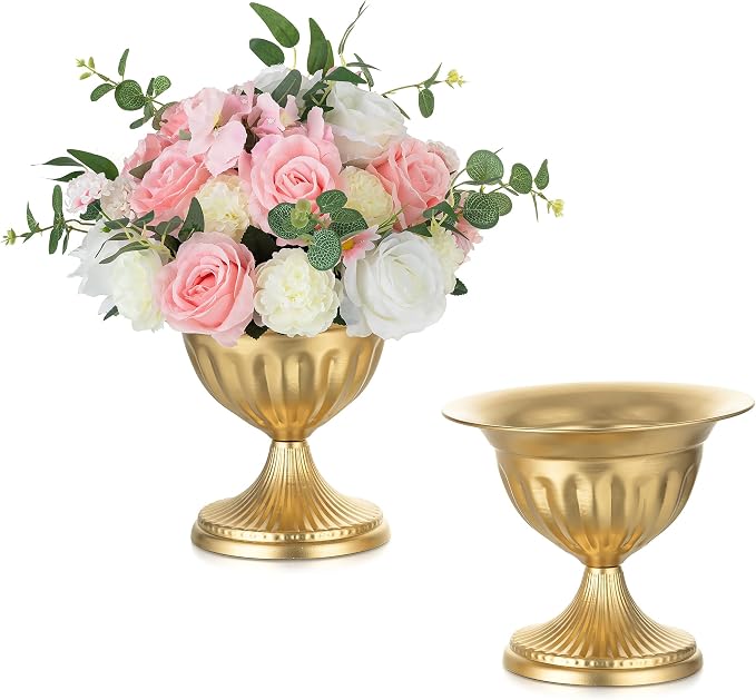 Sziqiqi Gold Metal Urn Compote Vase, Flower Wedding Centerpieces, 2Pcs | 10.6in Tall, Golden Floral Centerpiece Pedestal Bowl Vases, Flower Arrangements for Wedding, Party, Birthday, Event