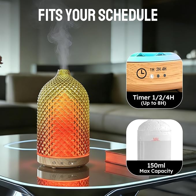 Essential Oil Diffuser, 3D Diamond Glass Aromatherapy Diffuser with Ultrasonic Cool Mist, 7 Color LED Lights, 1/2/4H Timer, Quiet Auto Shut-Off Oil Diffuser for Bedroom, Home, Office (Yellow)