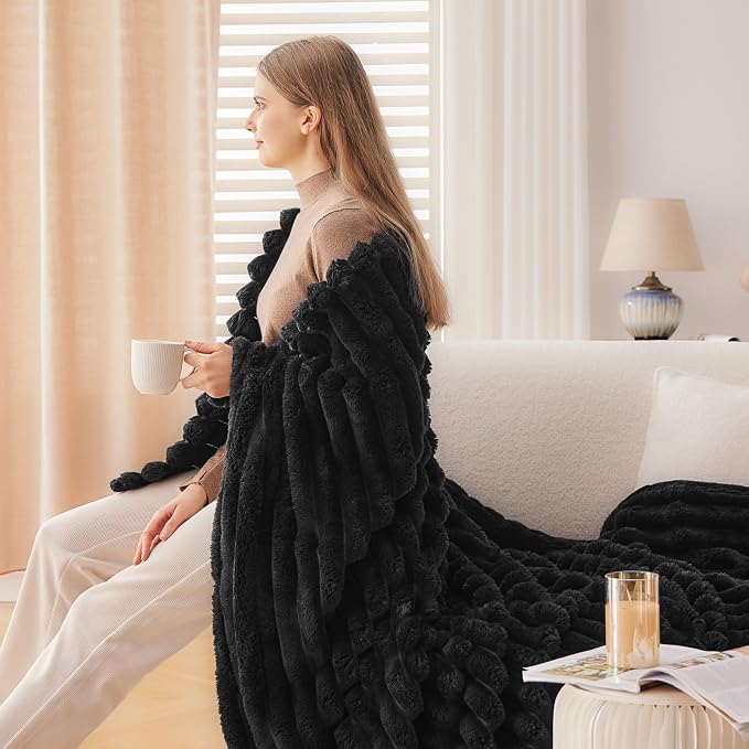 NEWCOSPLAY Fleece Ribbed Cozy Queen Blanket for Couch, Black, 90"x90" | Premium Silky Flannel Blanket, Soft Lightweight Fluffy Throw Blanket for Bed Sofa Decor, Gift for All Season Use