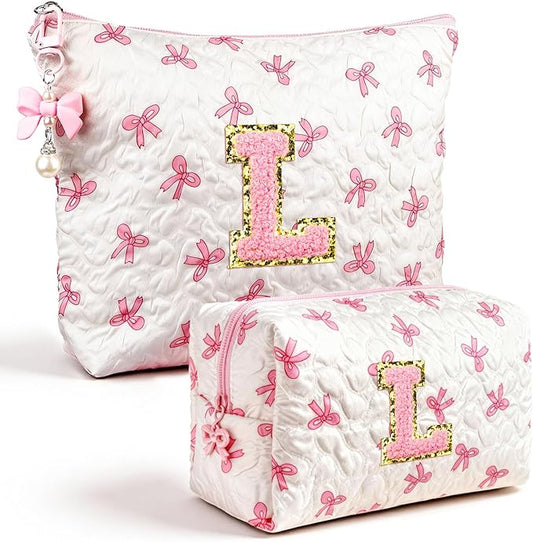 Initial Makeup Bag, Valentines Day Gifts for Women Teens Girls Birthday Gift Personalized Bow Cosmetic Bag, Quilted Cosmetic Travel Toiletry Pouch, Cute Makeup Organizer Teen Girl Gifts Trendy Stuff L