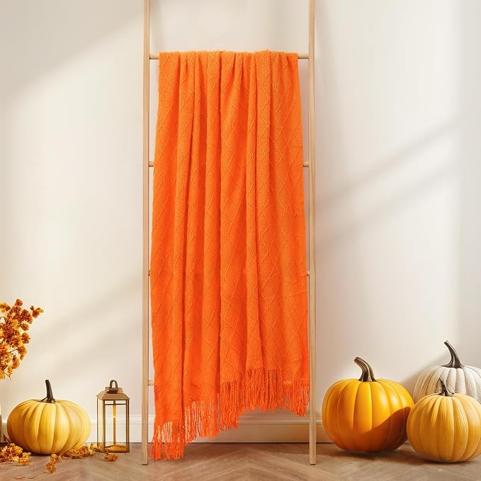 inhand Burnt Orange Knitted Throw Blanket for Couch and Bed, 50"x60" | Fall Halloween Decor, Soft Living Room Home Decor Knitted, Outdoor Lightweight Autumn, Farmhouse Warm Fall Decoration Indoor