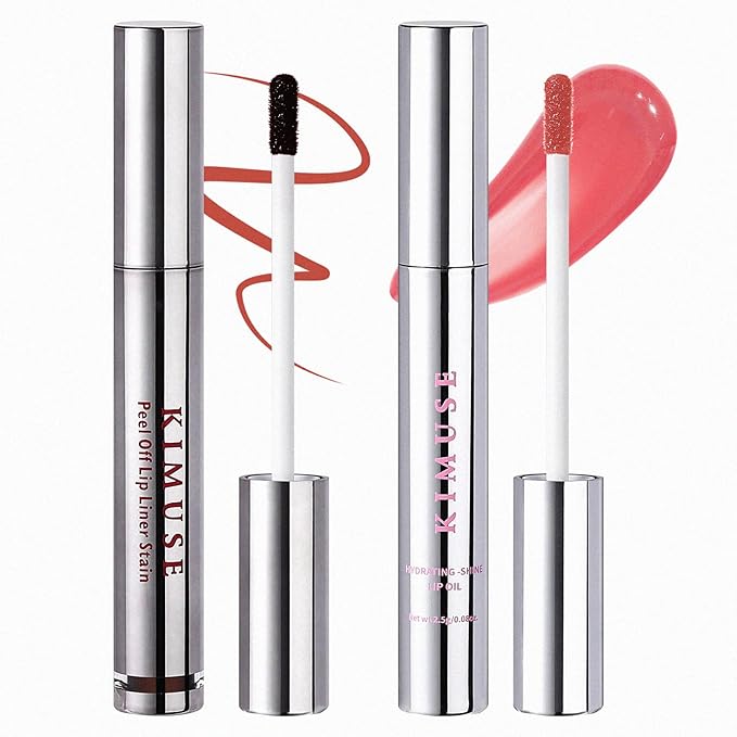 KIMUSE Lip Stain Peel Off & Lip Oli Set, Long Lasting Lip Liner Stain, Waterproof, Transfer-Proof, Hydrating Shine Lip Oil with Vitamin E & Jojoba Oil