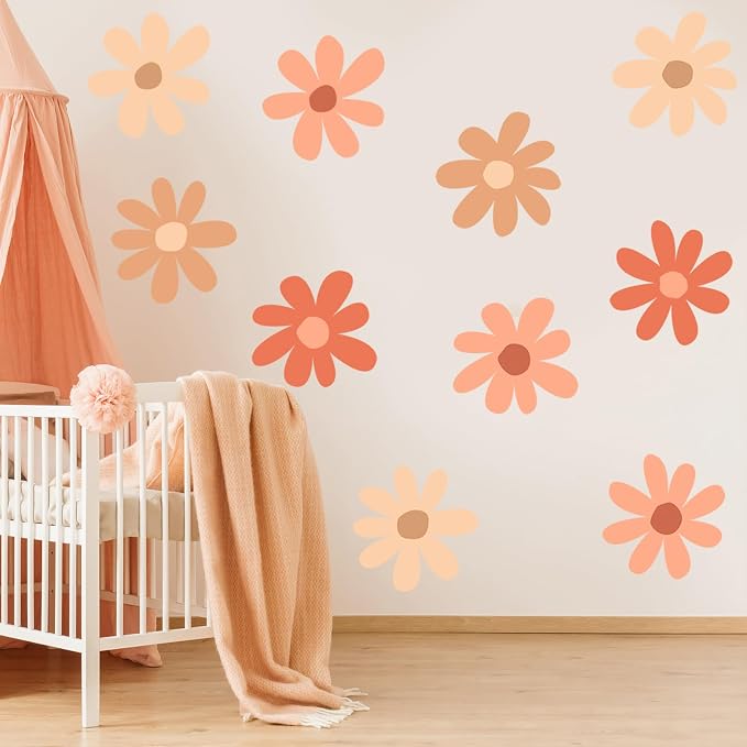 TaoBary 12 Sheet Daisy Wall Sticker Decal,Orange,Colorful Classic Style | Big Flower Wall Sticker, Pink White Floral Decal, Daisy Bedroom Room Decor, Removable Peel and Stick, Nursery Home Wall Decor