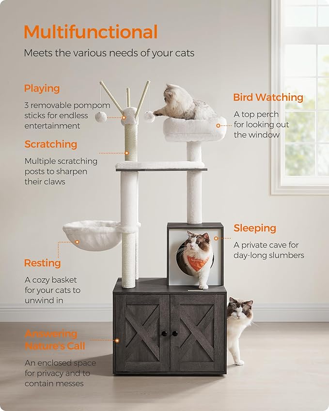Feandrea Cat Tree with Litter Box Enclosure, 59-Inch Modern Cat Tower | 2-In-1 Condo with Scratching Posts, Washable Removable Cushion, Misty Gray UPCT113G02