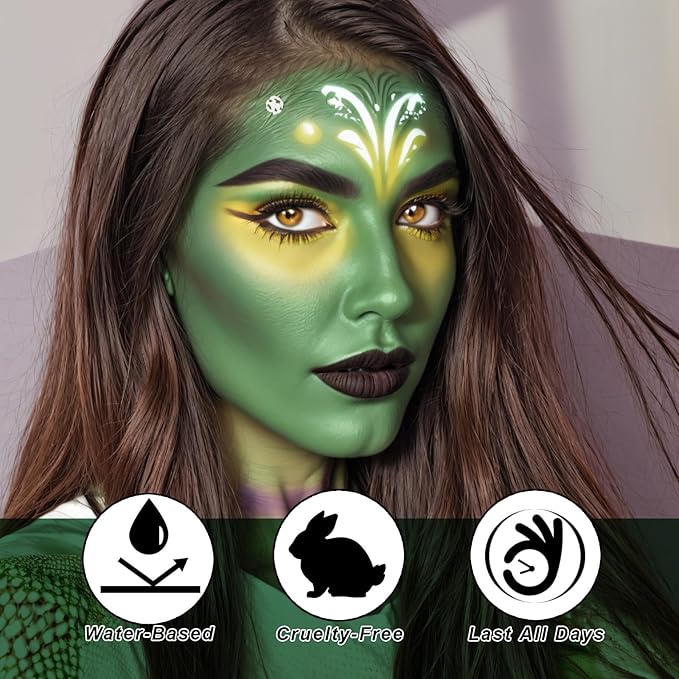 Black White Green Face Body Paint 1.01 oz/pc with 3 Sponges,Dark Green Zombie Face Painting Cosplay Kit, Elphaba Hunting Hulk Halloween SFX Witch Makeup Cream Face Paint,3 oz