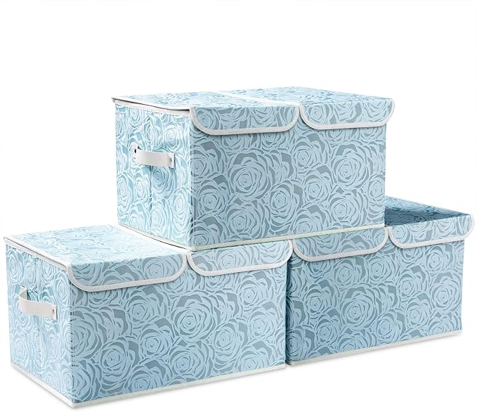 Large Stackable Storage Bins with Lids Fabric Decorative Storage Box Cubes Organizer Containers Baskets with Cover Handles Divider for Bedroom Closet Living Room 17.3x11.8x9.8 Inch 3 Pack