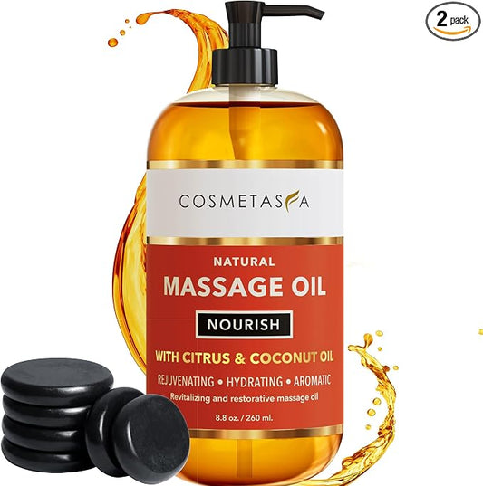 Natural Nourishing Massage Oil with Massage Hot Stones - Therapeutic Citrus & Coconut Massage Oils, Hydrating & Aromatic Essential Oils for Dry Skin, Soothes Muscle & Joints 8.8 oz