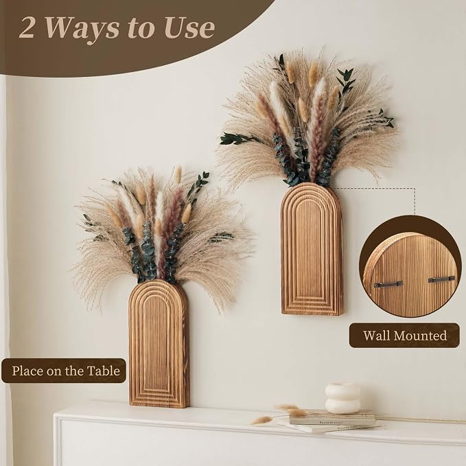 2 Pack Wooden Wall Vase Set with Pampas Grass Eucalyptus, Modern Farmhouse Boho Wall Decor for Living Room, Entryway, Hallway, Bathroom, Dining Room, Brown Wall Art for Home Decoration