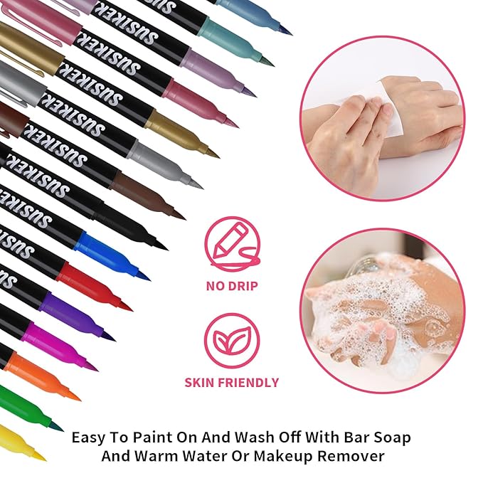 Temporary Tattoo Markers for Skin, 15 Colors Tattoo Pen + 50 Paint Stencils + 43 Tattoos Stickers, Glitter & Matte & Neon Glow Body Marker Set, Removable Fake Tattoos Kit for Teens and Adult