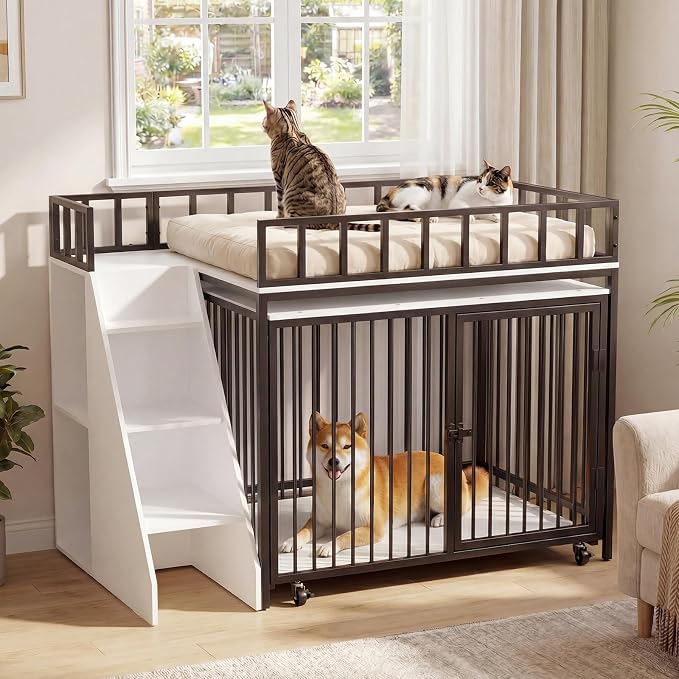 37" Dog Crate Furniture, Wooden Dog Kennel Indoor with Storage (White) | Heavy Duty Pet Cage Indoor for Small & Medium Dogs, Dog Kennel with Storage Shelf, 4 Lockable Wheels and Stairs, Loft-Style