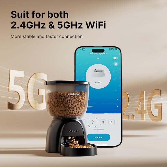 Automatic Cat Feeder with WiFi, Timed Cat Dry Food Dispenser for Cats Dog | 5L Capacity, App Remote Control, 5G&2.4Ghz, Dual Power, 10 Meals 1-15 Portion Programmable, Sealed Food Tank