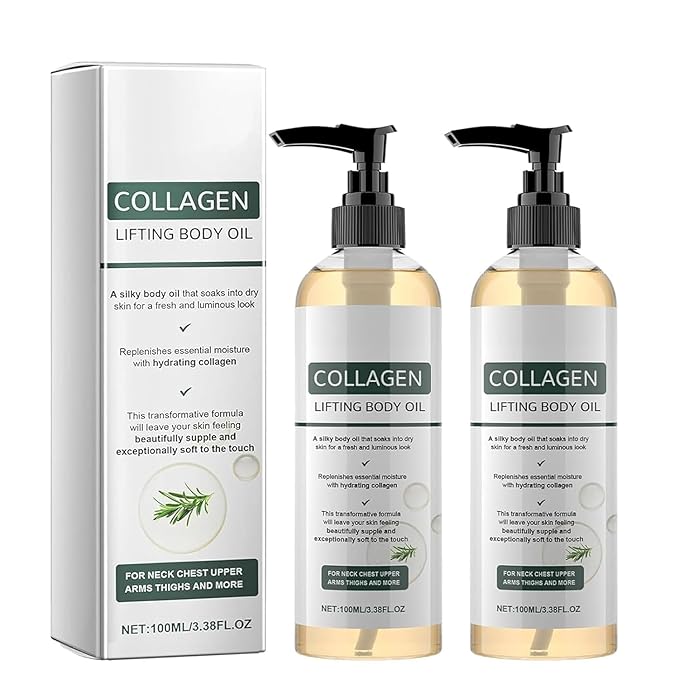 Collagen Lifting Body Oil after Shower, 2PCS Hydrating Collagen Oil, Moisturizing Anti Aging Silk Body Oils for Women & Men, Smooth & Anti Wrinkles, Lightweight Non-Greasy, 6.76 fl.oz