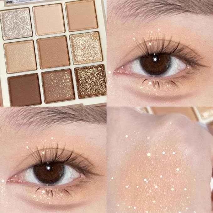 9Color Nude Brown Eyeshadow Palette, Matte Shimmer Glitter Eye Shadow Makeup Palettes, Beige Naked Neutral Gold Eyeshadow Makeup Pallet, Highly Pigmented Long Lasting Blendable Warm Toned Eyeshadow