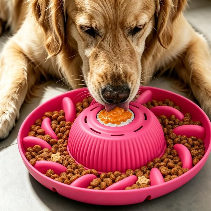 Slow Feeder Dog Bowls 2 in 1 Liquid Treat Dog Lick Mat Bowl – Anti Slip 5‑Cup Large Capacity Liquid and Kibble Food Treat Dispenser for Slowing Down Eating for Large Medium Small Dogs and Cats (Pink)