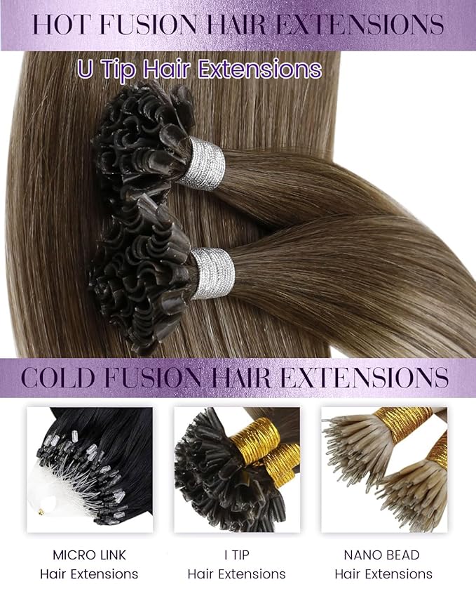 LaaVoo K Tip Hair Extensions Real Human Hair U Tip Hair Extensions Light Brown Mix Dark Golden Blonde Ktip Human Hair Extension Ombre Brown Hot Fusion Blonde 16 inch 50g/50s