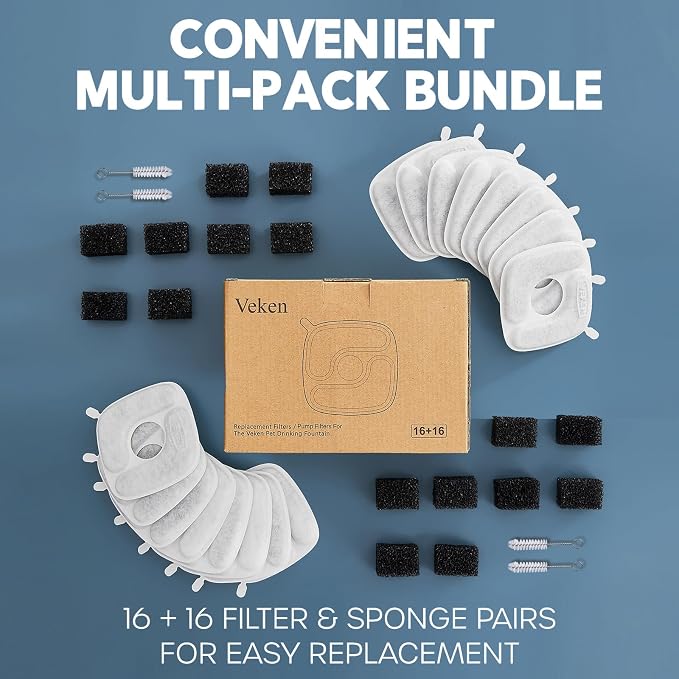 Veken Cat Water Fountain Filters, 16 Pack Replacement Filters | and 16 Pack Replacement Pre-Filter Sponges Set for 50oz, 84oz, 95oz or 108oz Automatic Pet Fountain Dog Water Dispenser