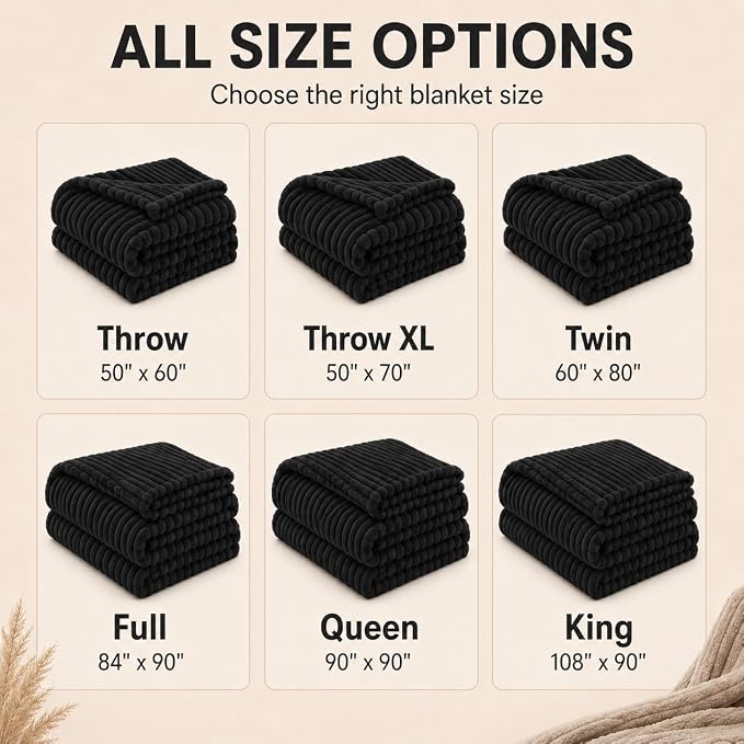 HIMEET Black King Size Blanket for Bed, 300GSM Ribbed Fleece, 108 x 90 in | Ultra Soft Flannel, All-Season Lightweight Warmth, Generous Bed Coverage & Home Decor, Gift for Men & Women, Machine Washable