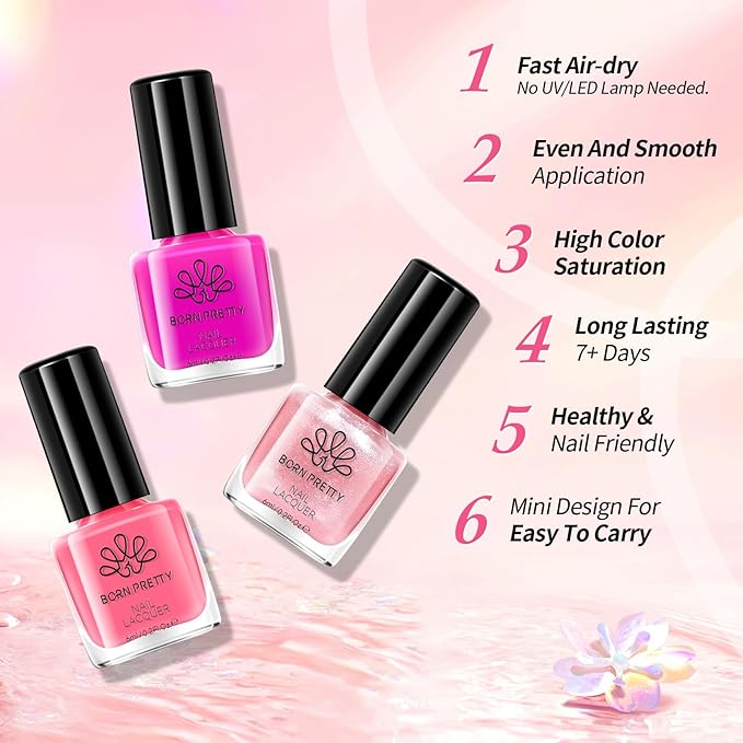 Born Pretty Pink Nail Polish Set Fingernail, 15 Colors Hot Pink Neon Nude Natural Bright Spring Summer Quick Dry Nail Lacquer for DIY Nail Art Salon Home Valentines Day Gift for Women