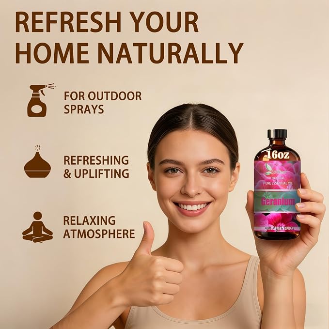 Geranium Essential Oil - Geranium Oil for Diffuser, 16 Fl Oz(480ml) | Candle Making, Soap Making, aroma, Strong Scent, Pure, Natural, Home Fragrance, Massage