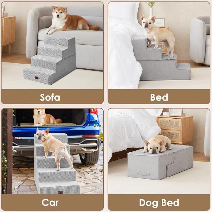 EHEYCIGA Dog Stairs for Bed 20" H, 4-Step Extra Wide Dog Steps, Light Grey | Pet Steps for Small Dogs and Cats for High Bed, Non-Slip Balanced Pet Ramp Indoor
