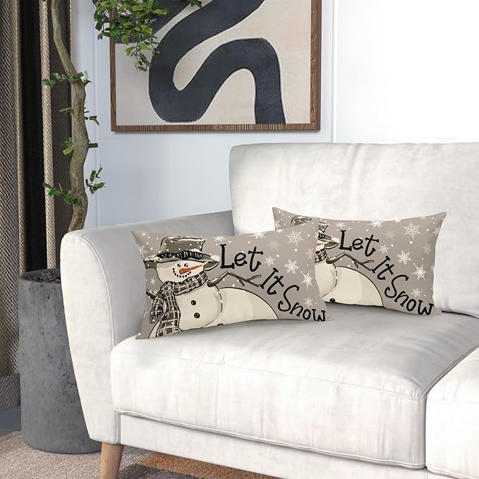 Christmas Gray Lumbar Pillow Covers 12X20 Inch Set of 2 Xmas Snowman Snowflake Decorative Pillow Cases Winter Holiday Cotton Linen Cushion Case Modern Home Decor for Sofa Couch Bedroom