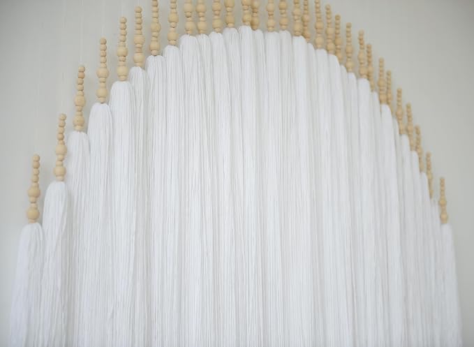 Boho Wall Decor Yarn Wall Hanging Macrame Wall Hanging Fiber Wall Art White Beads Tassel Wall Decor Boho Chic Home Decor 39" W x 55" L | Wedding Backdrop Decor, Boho Decor, Entryway Accent, Neutral Home Decor, Cozy Room Style, Fiber Art Wall Hanging